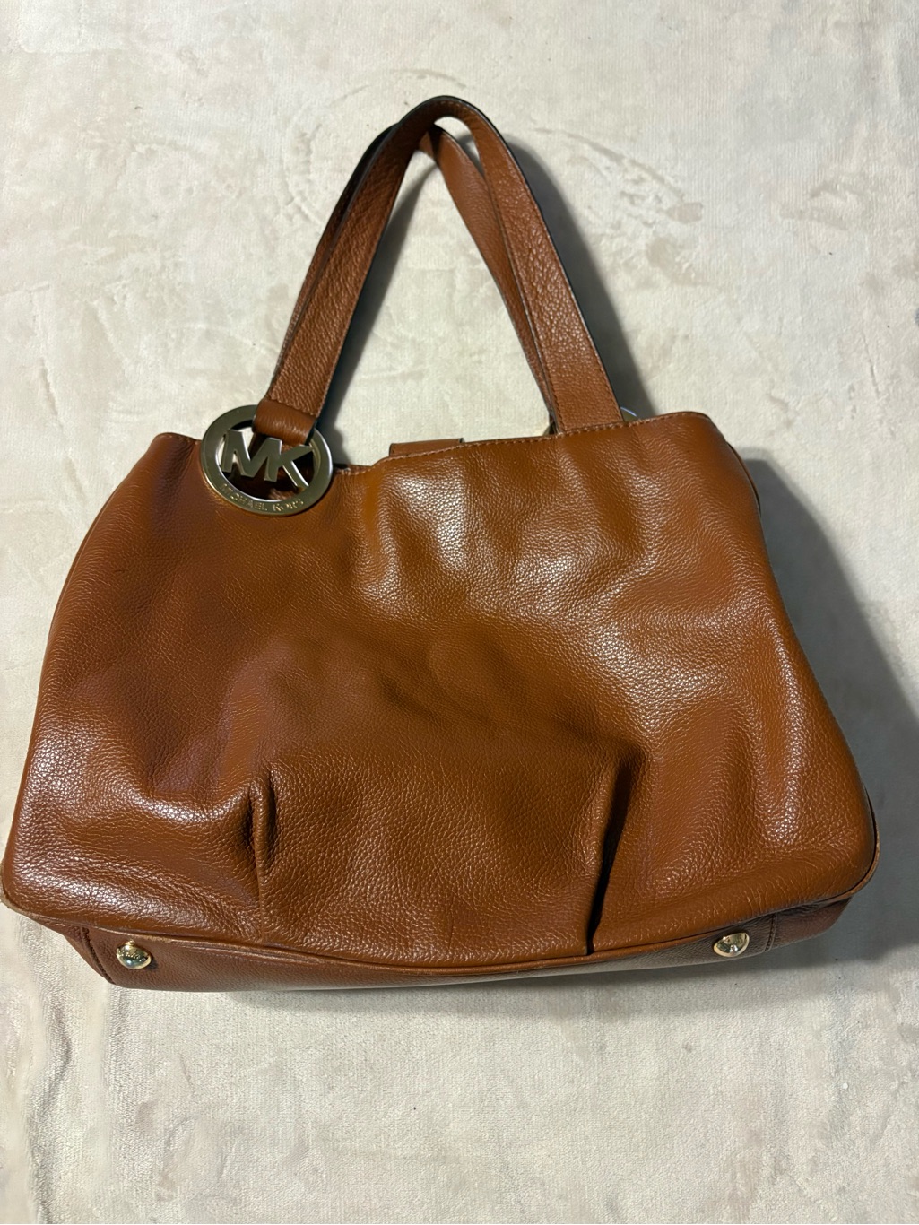 Michael Michael Kors Cognac Leather Shoulder Bag With Gold Mk Charm